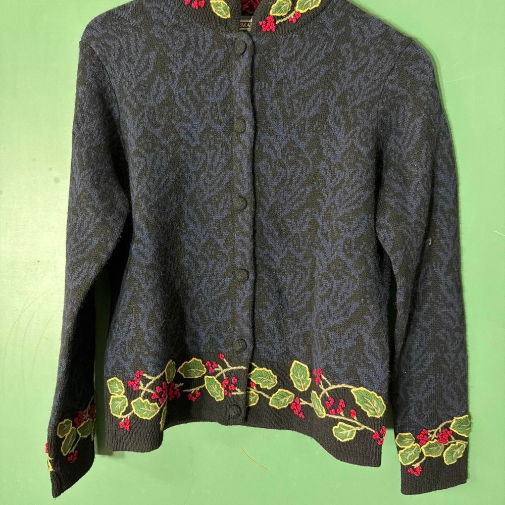 Herman Geist Vintage 90s Lambs Wool Cardigan Floral Embroidered Black Green S
